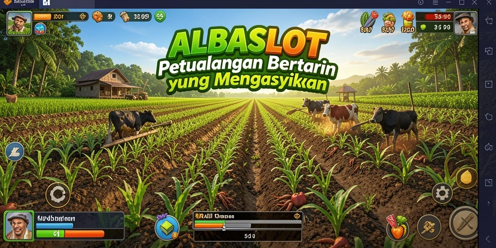 Tangkapan layar gameplay ALBASLOT menampilkan aktivitas bertani yang seru dan interaktif.
