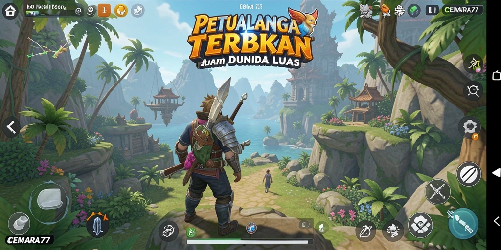 Screenshot utama CEMARA77 menampilkan pemain yang menjelajahi dunia luas.