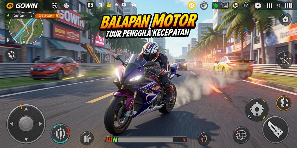 Tampilan gameplay GOWIN yang menegangkan saat balapan motor.