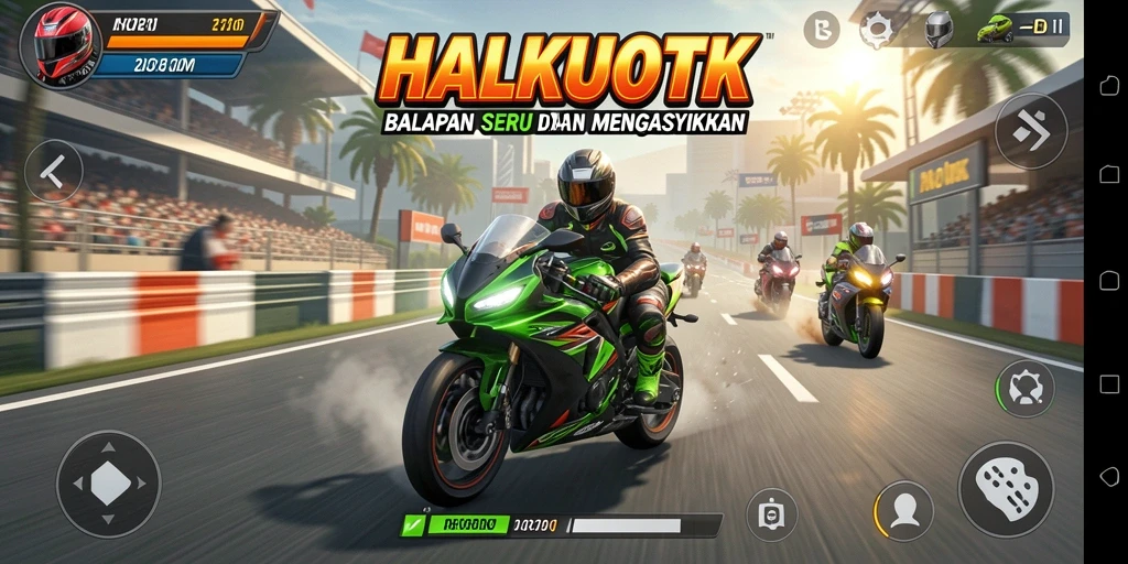 Screenshot menunjukkan aksi balapan seru dalam HALKUOTK.