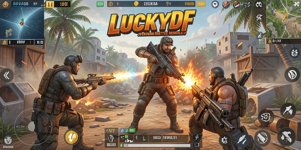Tampilan gameplay LUCKYDF menyoroti aksi seru dalam pertempuran Battle Royale.